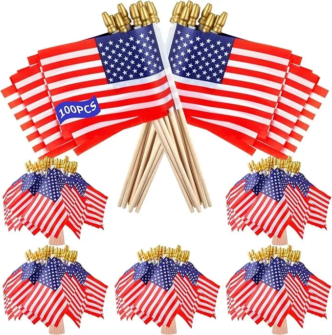 100pcs-small-american-flags-on-stick-handheld-8-x-5-5-inchs-mini-american-flags- 100pcs Small American Flags on Stick, Handheld 8 x 5.5 Inchs Mini American Flags with Kid-Safe Golden Spear Top, US Flags for 4th of July Decorations Outdoor, Independence Day Decorations