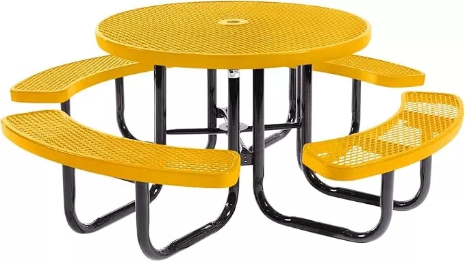 coated-outdoor-furniture-heavy-duty-portable-outdoor-picnic-table-with-umbrella- Coated Outdoor Furniture Heavy-Duty Portable Outdoor Picnic Table with Umbrella Hole, Expanded Metal Commercial-Grade Patio Dining Furniture Made in America (46″ Round Top, Textured Black)
